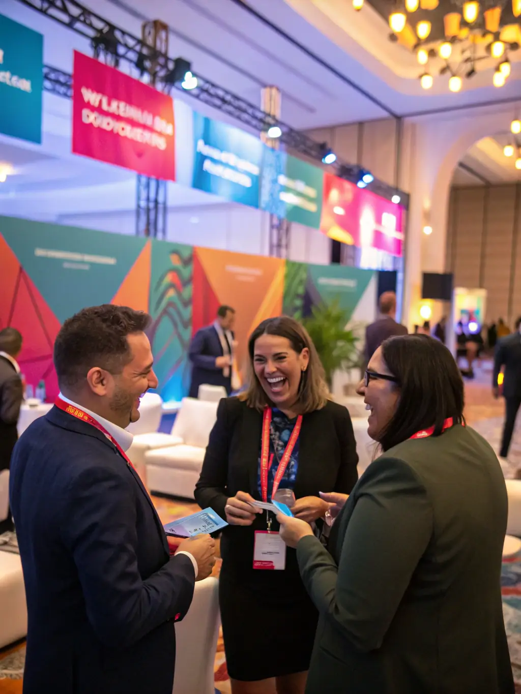 A modern conference hall filled with attendees networking during a break, showcasing a property development conference in London.